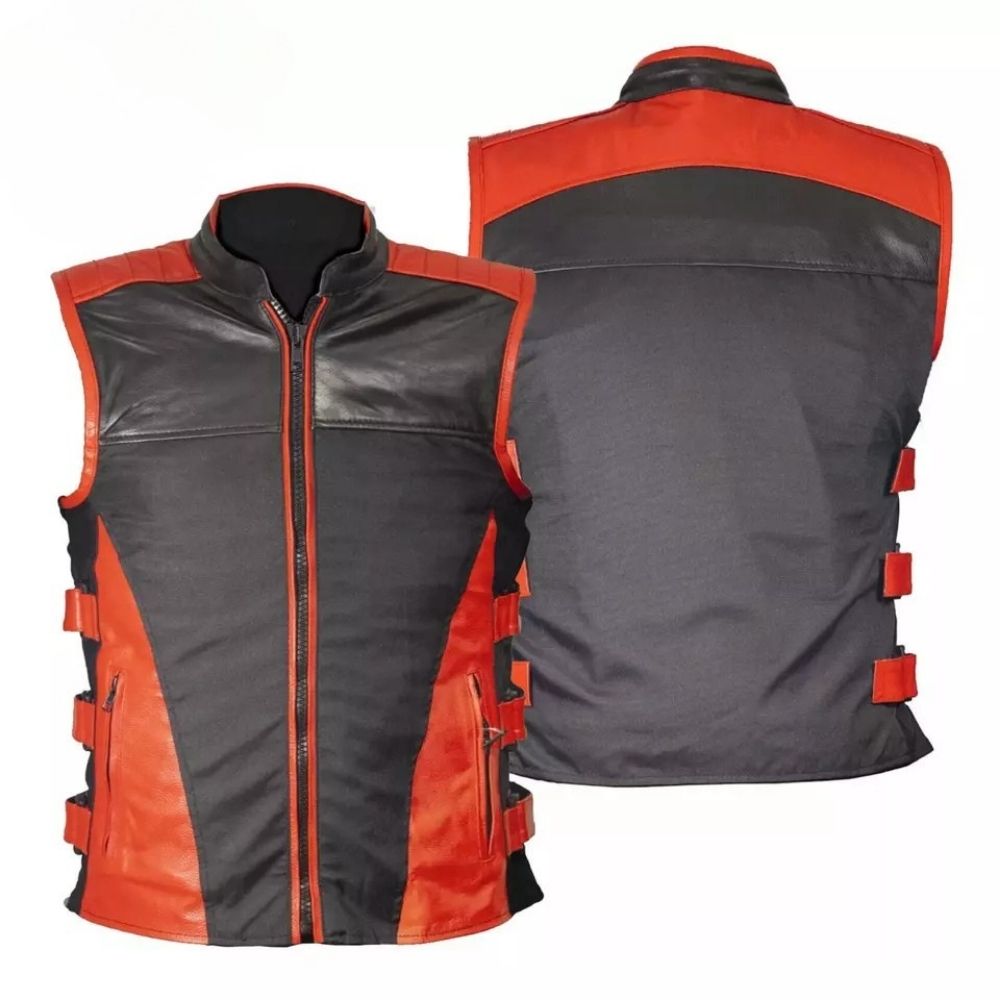 Da Uomo Gilet in vera pelle per motociclista Vintage Stile Harley Nero/rosso