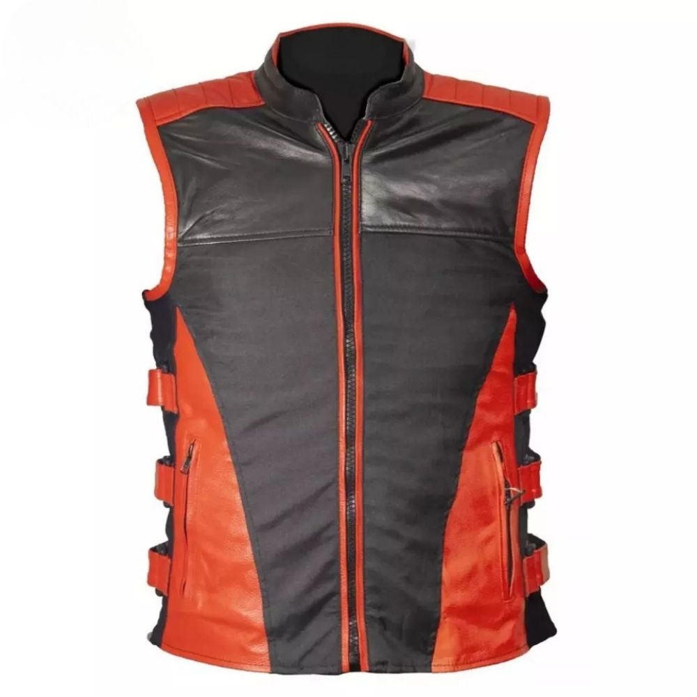 Da Uomo Gilet in vera pelle per motociclista Vintage Stile Harley Nero/rosso