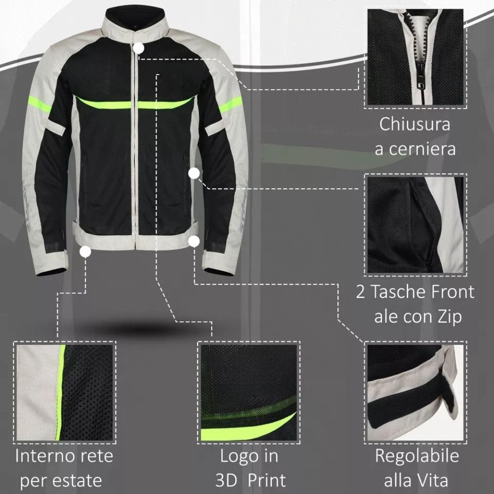 Giacca Moto estiva da Uomo protezioni Omologate Cordura Tessuto Mesh Traspirante