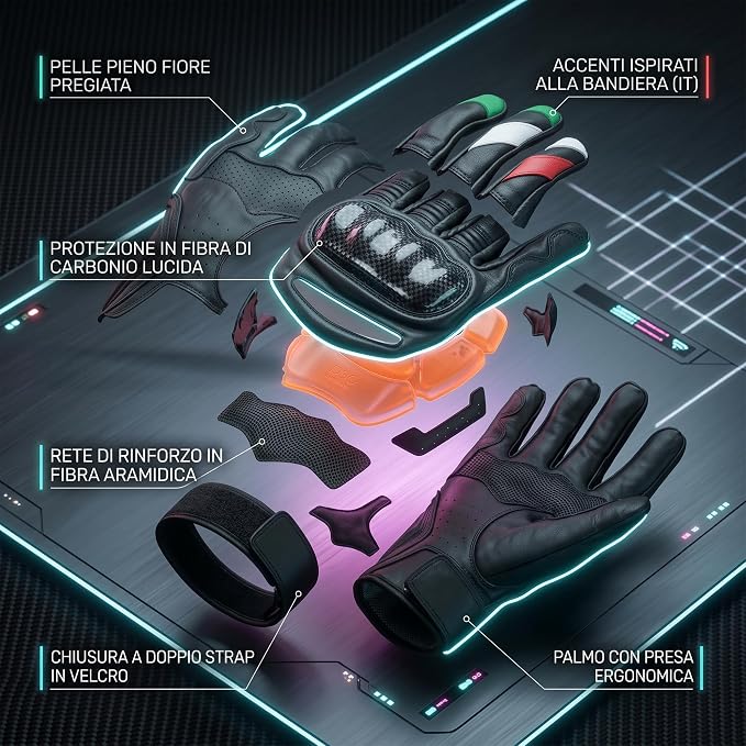 STORM Guanti Moto in Pelle Neri Racing con Protezioni Nocche