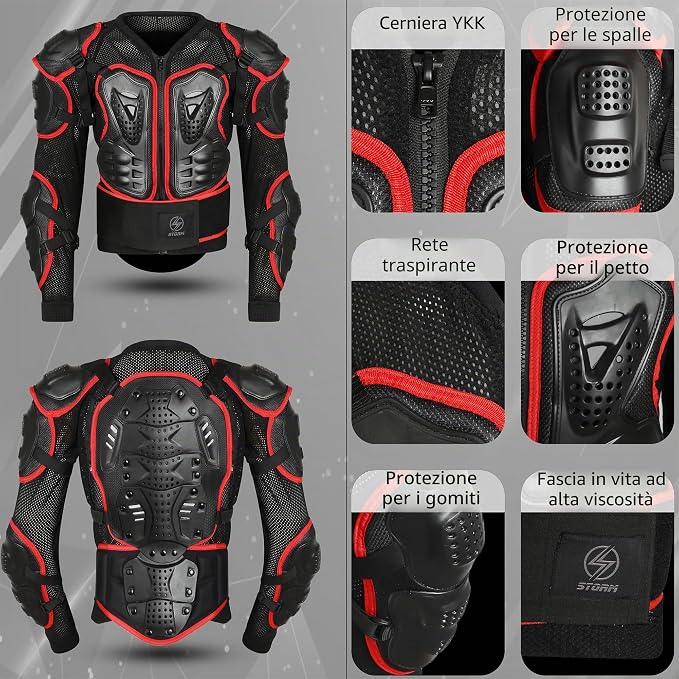 STORM Paraschiena Moto Uomo Donna con Protezioni CE Nero Rosso