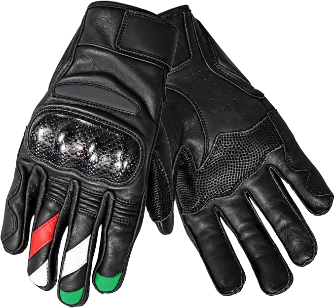 STORM Guanti Moto in Pelle Neri Racing con Protezioni Nocche