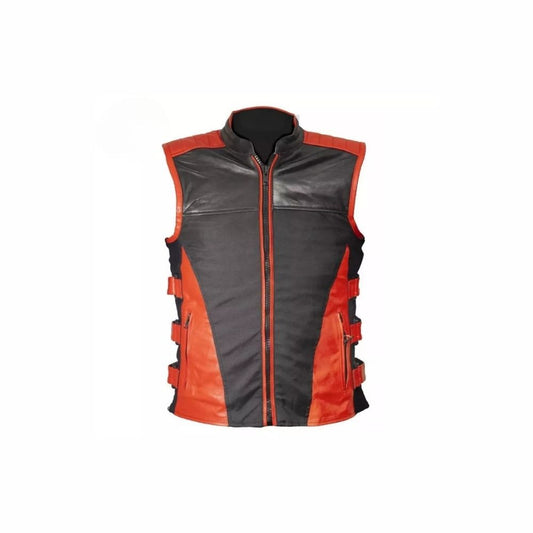 Da Uomo Gilet in vera pelle per motociclista Vintage Stile Harley Nero/rosso