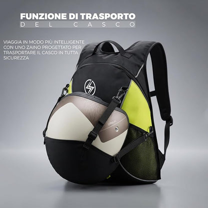 STORM Zaino Moto Nero Verde con Schienale Protettivo e Porta Casco