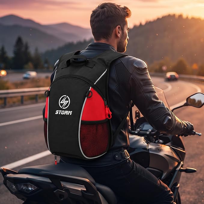 STORM Zaino Moto Nero Verde con Schienale Protettivo e Porta Casco