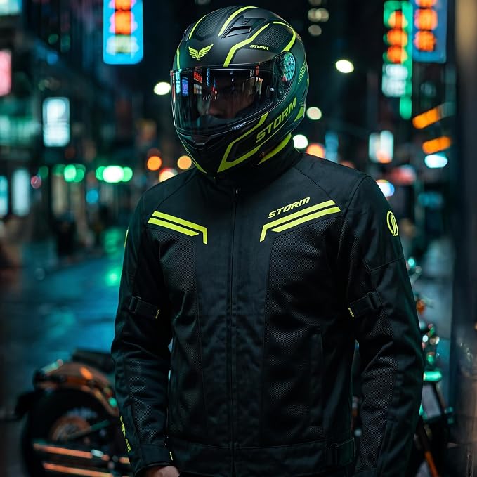 STORM Giacca Moto Uomo 4 Stagioni Nero Fluorescente Impermeabile