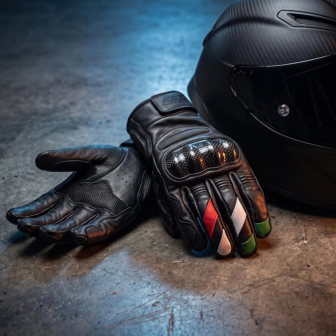 STORM Guanti Moto in Pelle Neri Racing con Protezioni Nocche