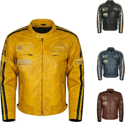 Giacca Moto Uomo in Pelle Gialla con Protezioni CE