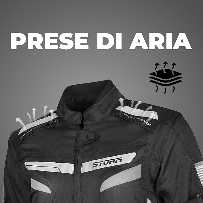 Storm Giacca Moto in Tessuto 4 STAGIONI Protezioni CE Smanicabile Fodera impermeabile