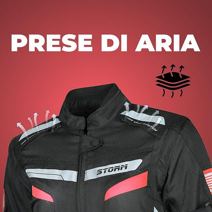 Storm Giacca Moto in Tessuto 4 STAGIONI Protezioni CE Smanicabile Fodera impermeabile