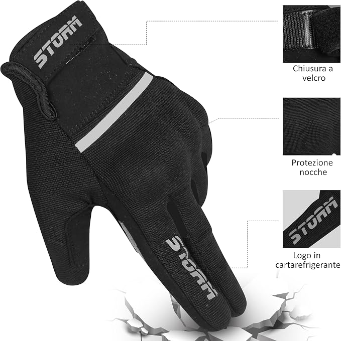 STORM Guanti Moto Estivi Uomo Donna Neri Touchscreen Protettivi