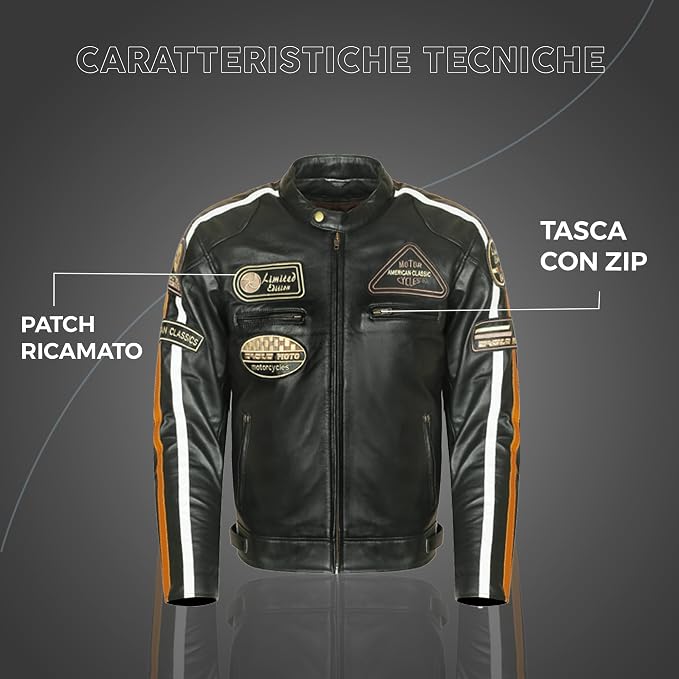 Giacca Moto Uomo in Pelle Nera con Protezioni CE