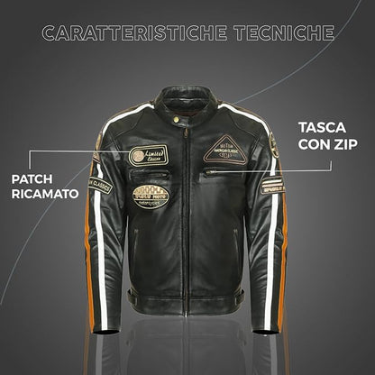 Giacca Moto Uomo in Pelle Nera con Protezioni CE