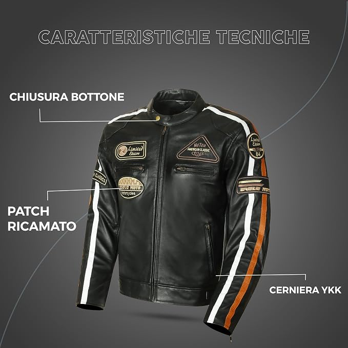 Giacca Moto Uomo in Pelle Nera con Protezioni CE