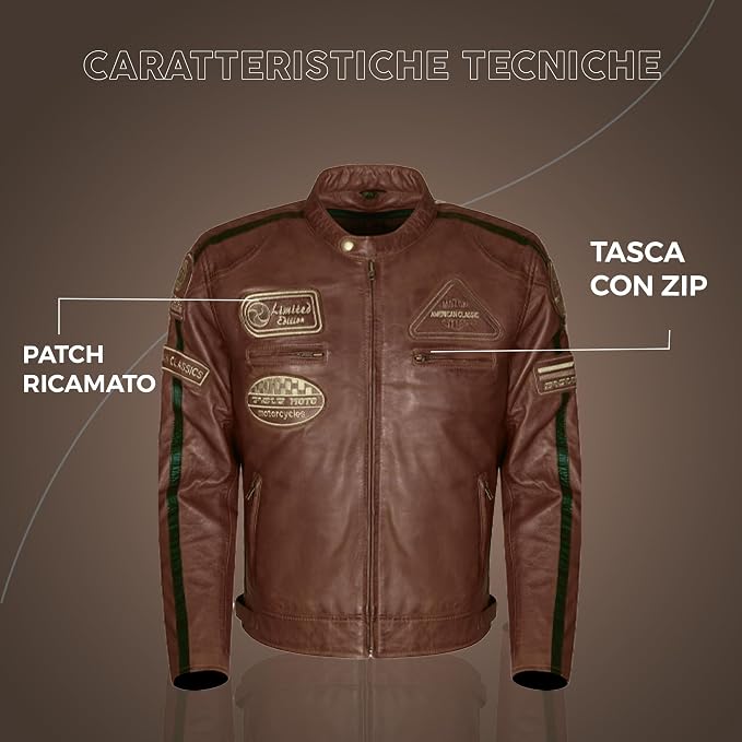 Giacca Moto Uomo in Pelle Marrone con Protezioni CE