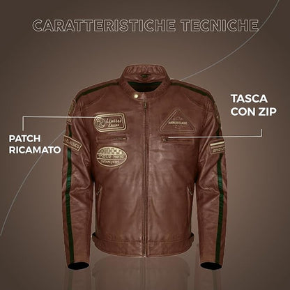 Giacca Moto Uomo in Pelle Marrone con Protezioni CE