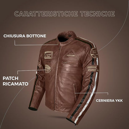 Giacca Moto Uomo in Pelle Marrone con Protezioni CE