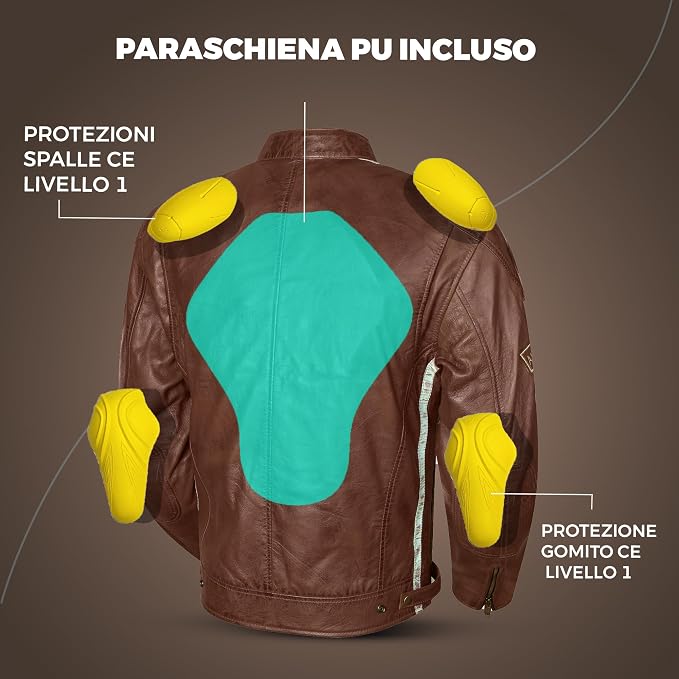 Giacca Moto Uomo in Pelle Marrone con Protezioni CE