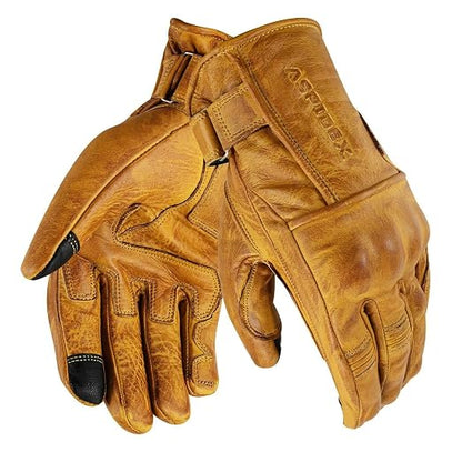 CAFE Racer Giacca Guanti Moto in Pelle con Protezioni Gialli
