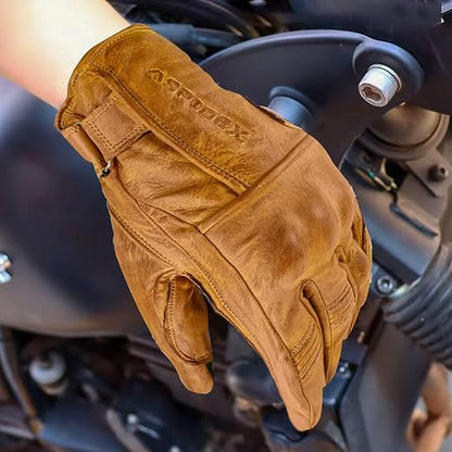 CAFE Racer Giacca Guanti Moto in Pelle con Protezioni Gialli