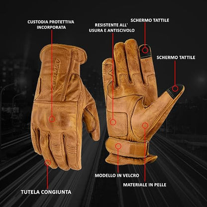 CAFE Racer Giacca Guanti Moto in Pelle con Protezioni Gialli