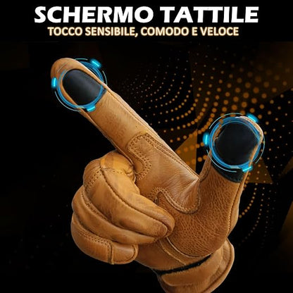 CAFE Racer Giacca Guanti Moto in Pelle con Protezioni Gialli