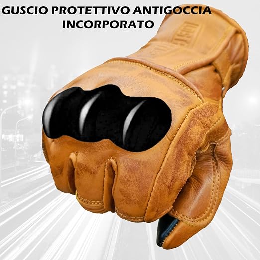 CAFE Racer Giacca Guanti Moto in Pelle con Protezioni Gialli