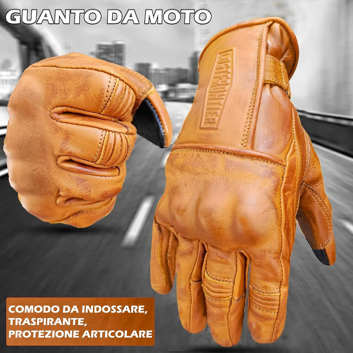 CAFE Racer Giacca Guanti Moto in Pelle con Protezioni Gialli