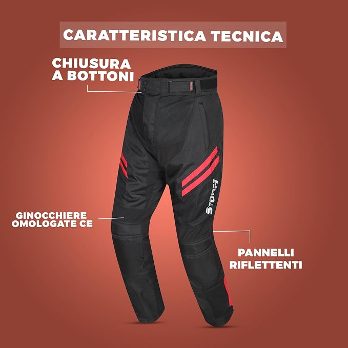 STORM Pantaloni Moto Uomo Estivi Rossi con Protezioni CE