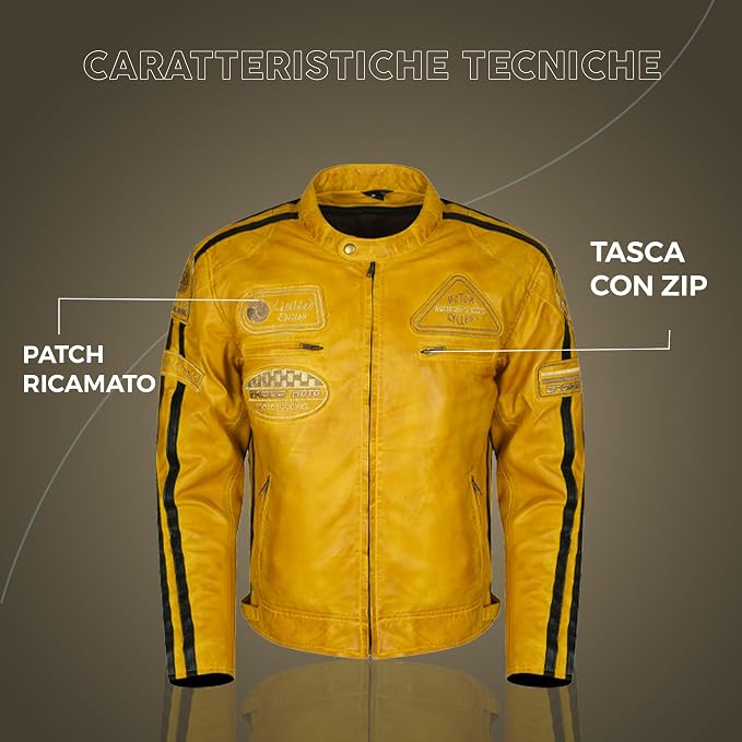 Giacca Moto Uomo in Pelle Gialla con Protezioni CE