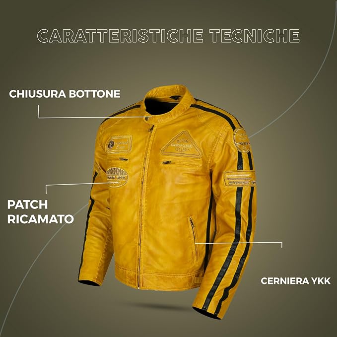 Giacca Moto Uomo in Pelle Gialla con Protezioni CE