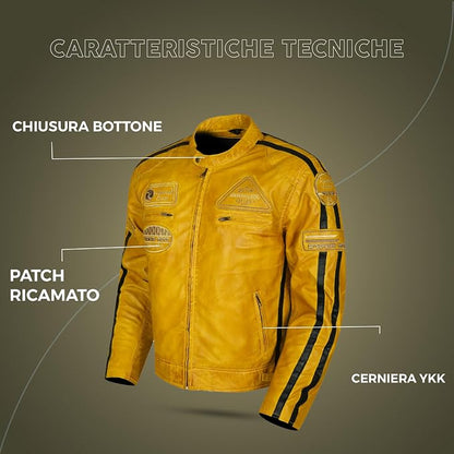 Giacca Moto Uomo in Pelle Gialla con Protezioni CE