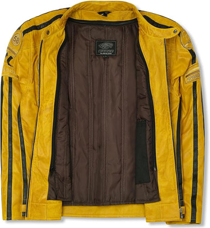 Giacca Moto Uomo in Pelle Gialla con Protezioni CE