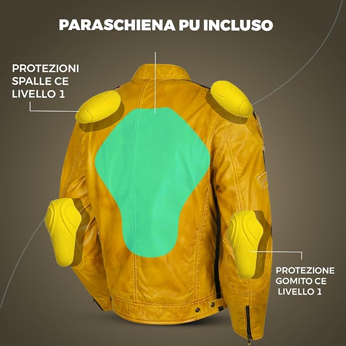 Giacca Moto Uomo in Pelle Gialla con Protezioni CE